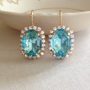 Large teal blue oval halo earrings Summer wedding aquamarine rhinestone